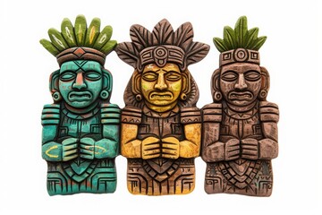 Colorful Aztec statues in traditional attire and headpieces, showcasing ancient craftsmanship and cultural heritage on a white background.
