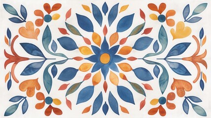 Colorful floral pattern blue orange symmetrical design elements. Perfect backgrounds, textiles, artistic projects.