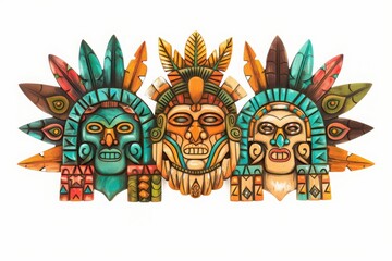 Colorful illustration of three traditional Aztec masks with intricate designs and vibrant colors, representing ancient Mexican culture.