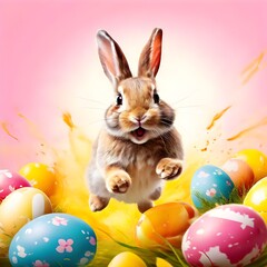 easter bunny Adorable Easter Bunny with Sunglasses and Surrounded by Colorful Eggs with easter eggs