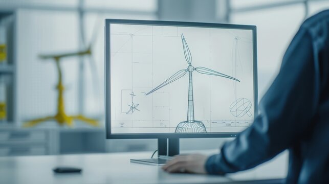 Engineer designing a wind turbine using CAD software on a computer in a modern office setting, focusing on sustainable energy solutions.