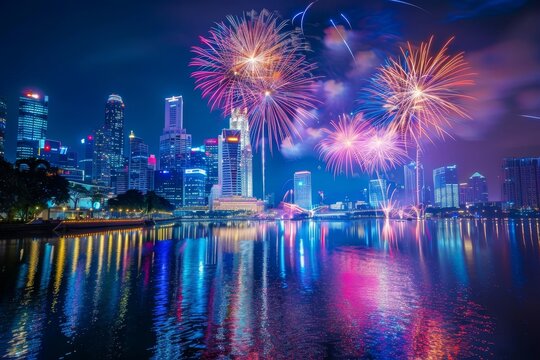 A city skyline at night during a fireworks display, vibrant bursts of colors lighting up the sky, and reflections of the fireworks shimmering in a nearby river, long exposure photography