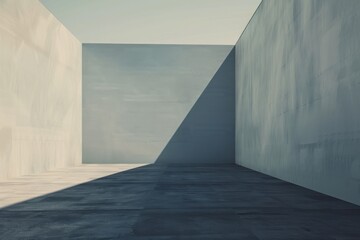 Obraz premium Minimalist architectural scene with clean lines and shadows, creating a stark contrast between light and dark surfaces within an open space.