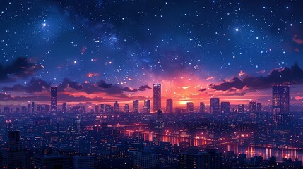 Obraz premium Darkness Atmospheric nighttime cityscape with dramatic skyscrapers illuminated against a starry sky, conveying urban mystery and nocturnal allure. Illustration, Minimalism,