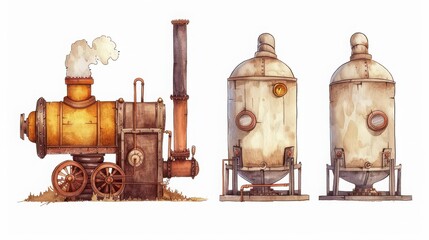 Watercolor illustration of vintage steam engine boiler and storage tanks with a rustic, steampunk aesthetic on a white background.