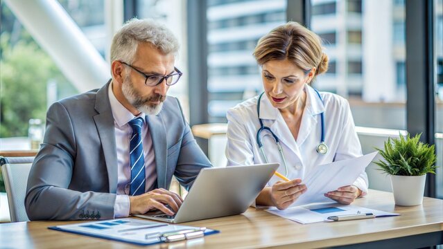 Healthcare Finance Planning: A healthcare administrator reviewing financial projections for a medical facility with a consultant, emphasizing sector-specific financial planning.	
