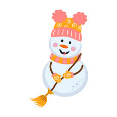 Cute snowman in warm hat, scarf and mittens holding broom. Cartoon winter character. Nursery art scandinavian style.