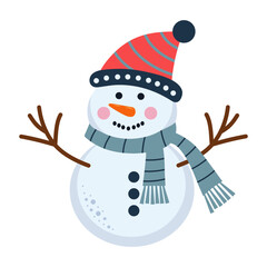Cute snowman in warm hat and scarf. Nursery art scandinavian style. Cartoon winter character.