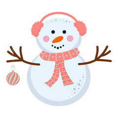 Cute snowman in warm headphones and scarf holding christmas ball. Cartoon winter character. Nursery art scandinavian style.