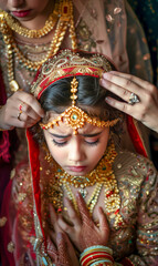 Fototapeta premium Indian child bride being prepared for her wedding day by family members She is upset and crying. 