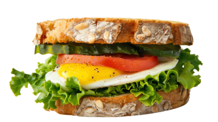 A delicious sandwich made with oat bread, fresh cucumber, tomato, crisp lettuce, and a perfectly cooked sunny-side-up egg.