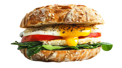 Delicious breakfast sandwich with a runny egg yolk, tomato, and spinach on a rustic bun, perfect for a savory start to the day.