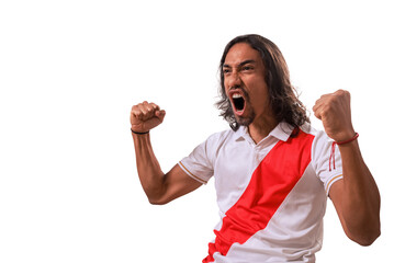 Peruvian man shouting goal in white background. Copy space. Concept of soccer