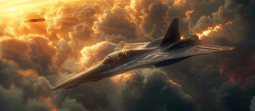 Lockheed SR-71 Blackbird jet flying through golden clouds and sunlight, with another aircraft in the distance. The scene highlights speed and power with a dramatic, fiery atmosphere