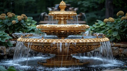 Gold Opulent gold fountain with intricate carvings and cascading water, symbolizing luxury and grandeur in a lavish garden setting. Illustration, Minimalism,