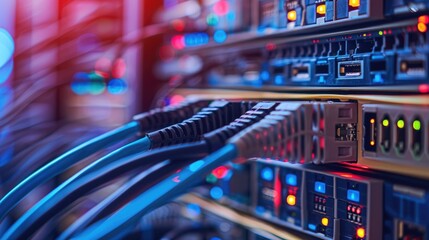 Naklejka premium Ethernet cables connecting to switch server rack in university data center organized wires on interface panel with space for copy