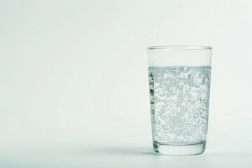 Clear glass filled with sparkling water on a white background, showcasing hydration and freshness.