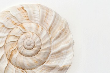 Close-up of a spiral seashell on a white background, highlighting its intricate natural patterns and textures.