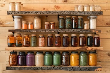 Colorful pantry jars neatly arranged on wooden shelves showcasing a variety of spices, herbs, and grains in a rustic kitchen setting.