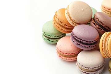 Colorful assortment of French macarons on white background. Various flavors and colors, perfect for a sweet treat or dessert.