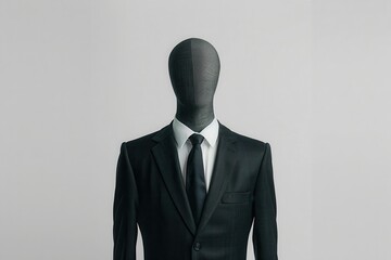 Faceless mannequin in a sleek black suit and tie against a plain background, representing anonymity, professionalism, and mystery.