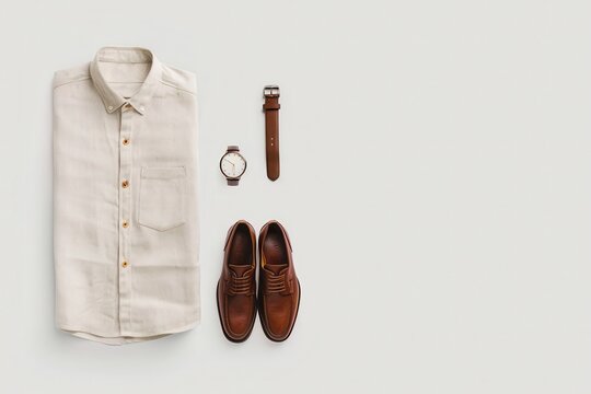 Flat lay of men's fashion essentials including a beige shirt, brown leather shoes, a wristwatch, and a brown belt on a neutral background.
