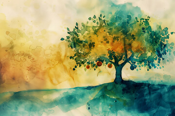 Bible watercolor illustration. Old Testament. The Garden of Eden. Genesis 2:8.

