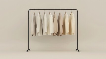 Minimalist clothing rack with neutral-toned garments hanging, showcasing modern fashion in a simple, elegant setting.