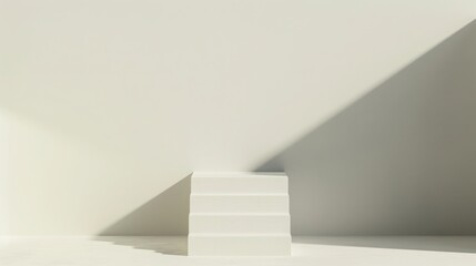 Obraz premium Minimalistic white staircase bathed in natural sunlight and shadows, creating a modern and abstract geometric scene.
