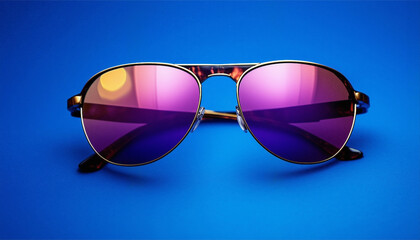 Stylish Sunglasses with Purple Lenses on Blue Background