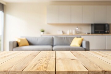 Wood empty surface and Living room as background