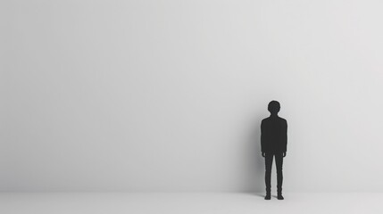 Obraz premium Silhouette of a person standing against a blank, white wall. Minimalist concept with an emphasis on loneliness and isolation.