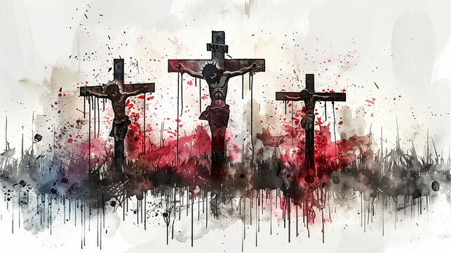 The Crucifixion and Death of Jesus. Watercolor painting.
