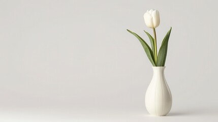 Single white tulip in a simple ceramic vase against a plain background, showcasing minimalist and elegant decor style.