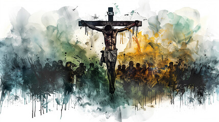 The Crucifixion and Death of Jesus. Watercolor painting.