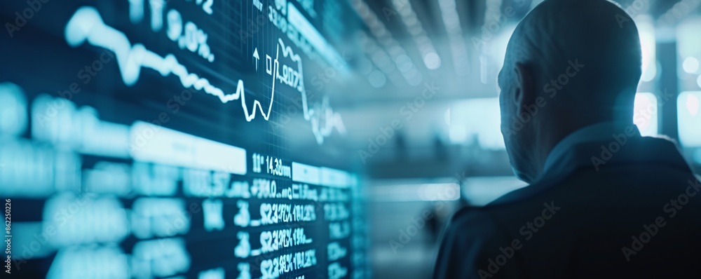 Poster a digital interface shows plummeting stock values and a flashing bankruptcy warning, all projected i