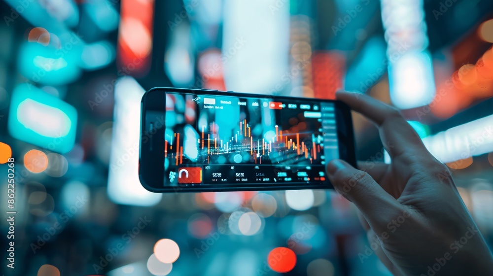 Poster the augmented reality screen showcases a dramatic drop in stock prices and a bold bankruptcy notific
