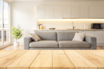 Wood empty surface and Living room as background
