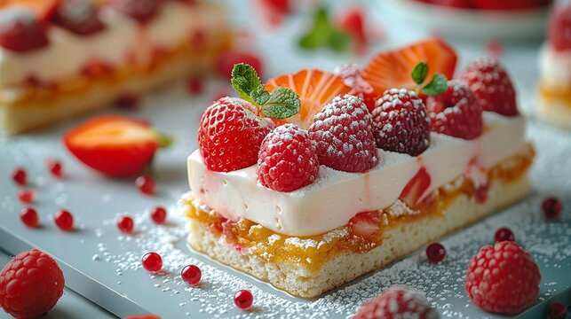 Recipe Open cookbook with mouthwatering dessert recipes, accompanied by vivid photographs and step-by-step instructions, inspiring culinary creativity. Illustration, Minimalism,