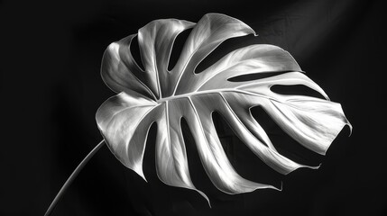 Black and white abstract photography of a Monstera leaf, capturing the delicate veins and bold shapes with high contrast