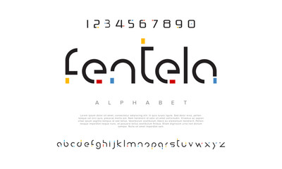 Fentela creative geometric modern urban alphabet font. Digital abstract futuristic, fashion, sport, minimal technology typography. Simple numeric vector illustration
