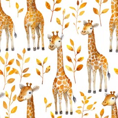 Giraffe, seamless pattern, small scale pattern, hand drawn flat art, watercolor, clean illustration, white background