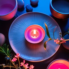 composition with neon colors used in a subtle, spiritual manner, with a focus on calmness and inner peace.
