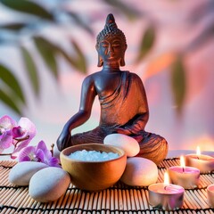composition with neon colors used in a subtle, spiritual manner, with a focus on calmness and inner peace.