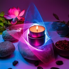 composition with neon colors used in a subtle, spiritual manner, with a focus on calmness and inner peace.
