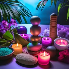 composition with neon colors used in a subtle, spiritual manner, with a focus on calmness and inner peace.