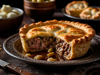 A traditional tourtière from Quebec, with a flaky crust and savory meat filling.