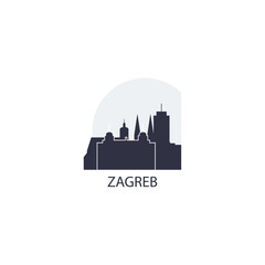 Naklejka premium Zagreb skyline, downtown panorama logo, logotype. Croatia capital city badge contour, isolated vector pictogram with cathedral, monuments, landmarks, skyscrapers, gate at sunrise, sunset