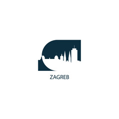Zagreb skyline, downtown panorama logo, logotype. Croatia capital city badge contour, isolated vector pictogram with cathedral, monuments, landmarks, skyscrapers, gate