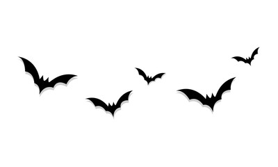 halloween black bats drawn in cartoon flat style silhouette on white